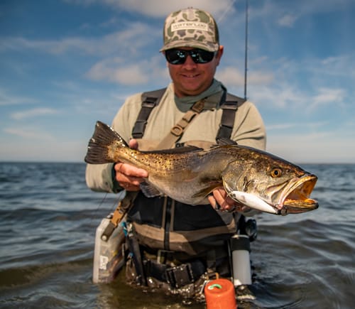 Reviewer wearing the Feral Concepts War Belt while standing in the water and holding up a large fish.