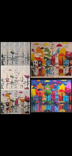 Customer's collage showing the progress of their Colorful Buildings & Umbrellas Paint by Number, from start to vibrant finish.