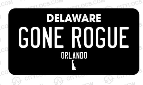 Customer's customized Delaware Blackout Metal License Plate showing the text 'GONE ROGUE' and 'ORLANDO'.