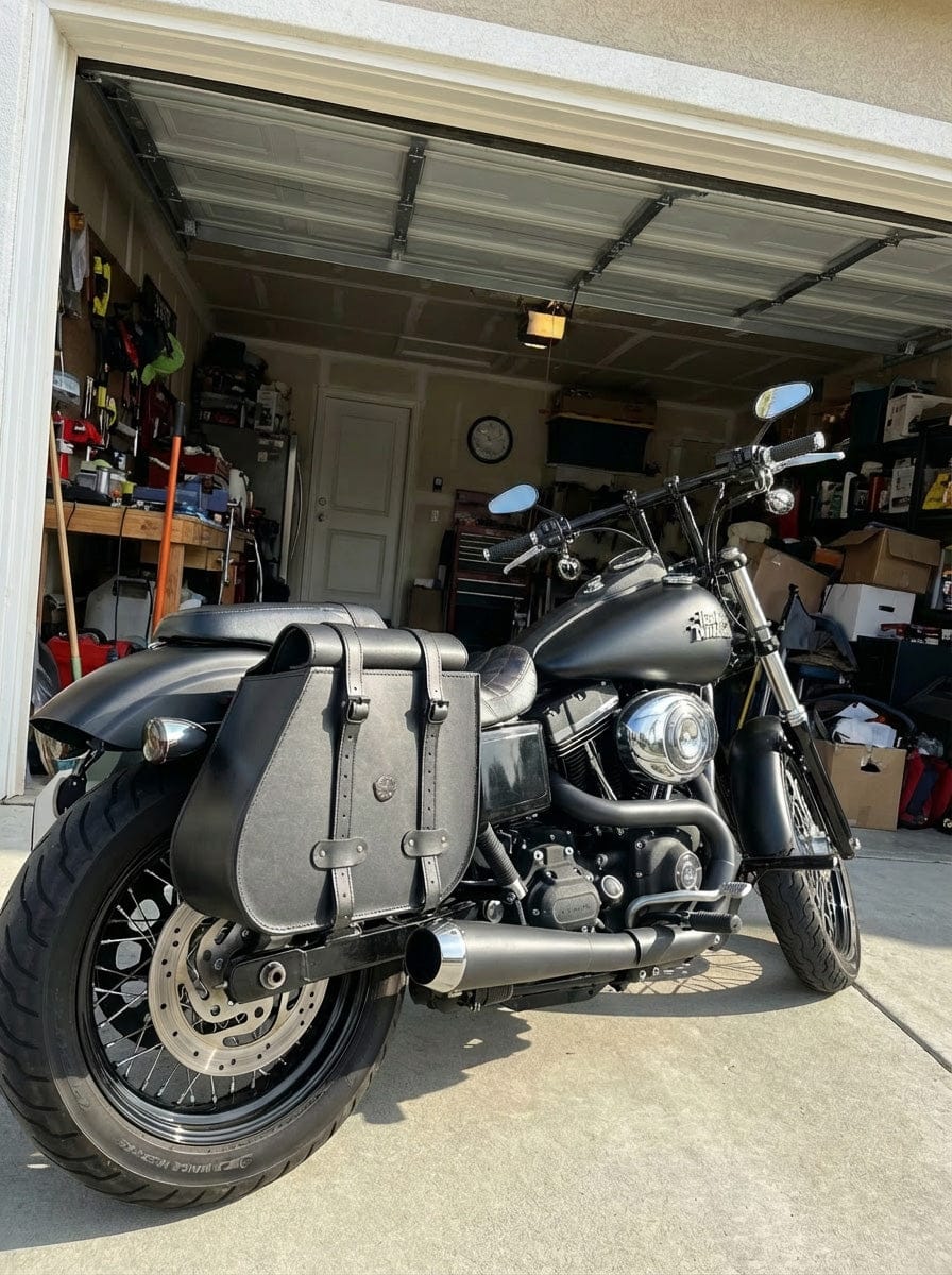 Customer photo review of 45L - Wraith XL Roll-Top Quick-Mount Shock Cutout Saddlebags For Harley Dyna Street Bob FXDB/I
