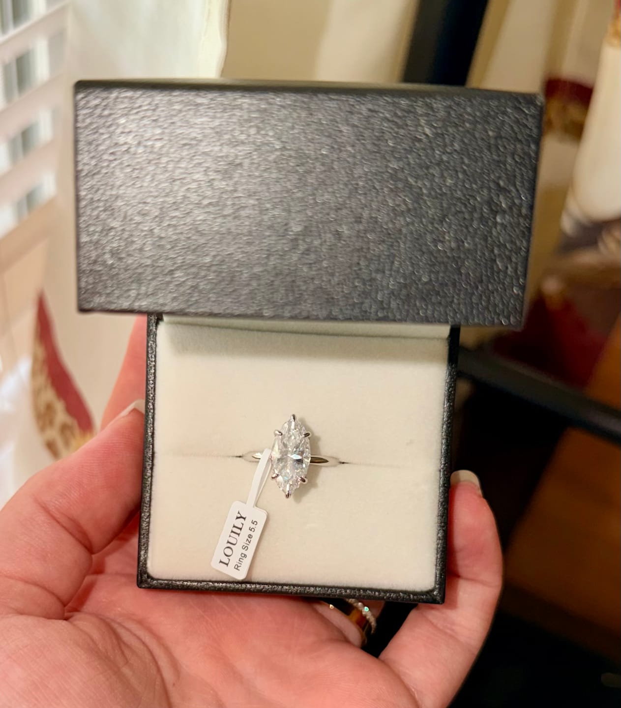 Customer photo review of S925 Moissanite 1.0~3.0 Ct Marquise Cut Solitaire White Gold/Yellow Gold Promise Ring For Women