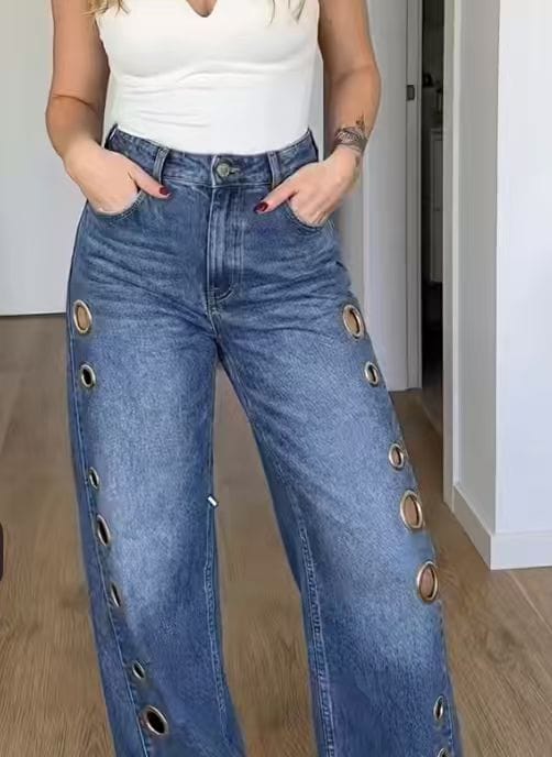 Customer photo review of High Waisted Loose Buttoned Geometric Hollow Pockets Split-Joint Jean Pants Bottoms