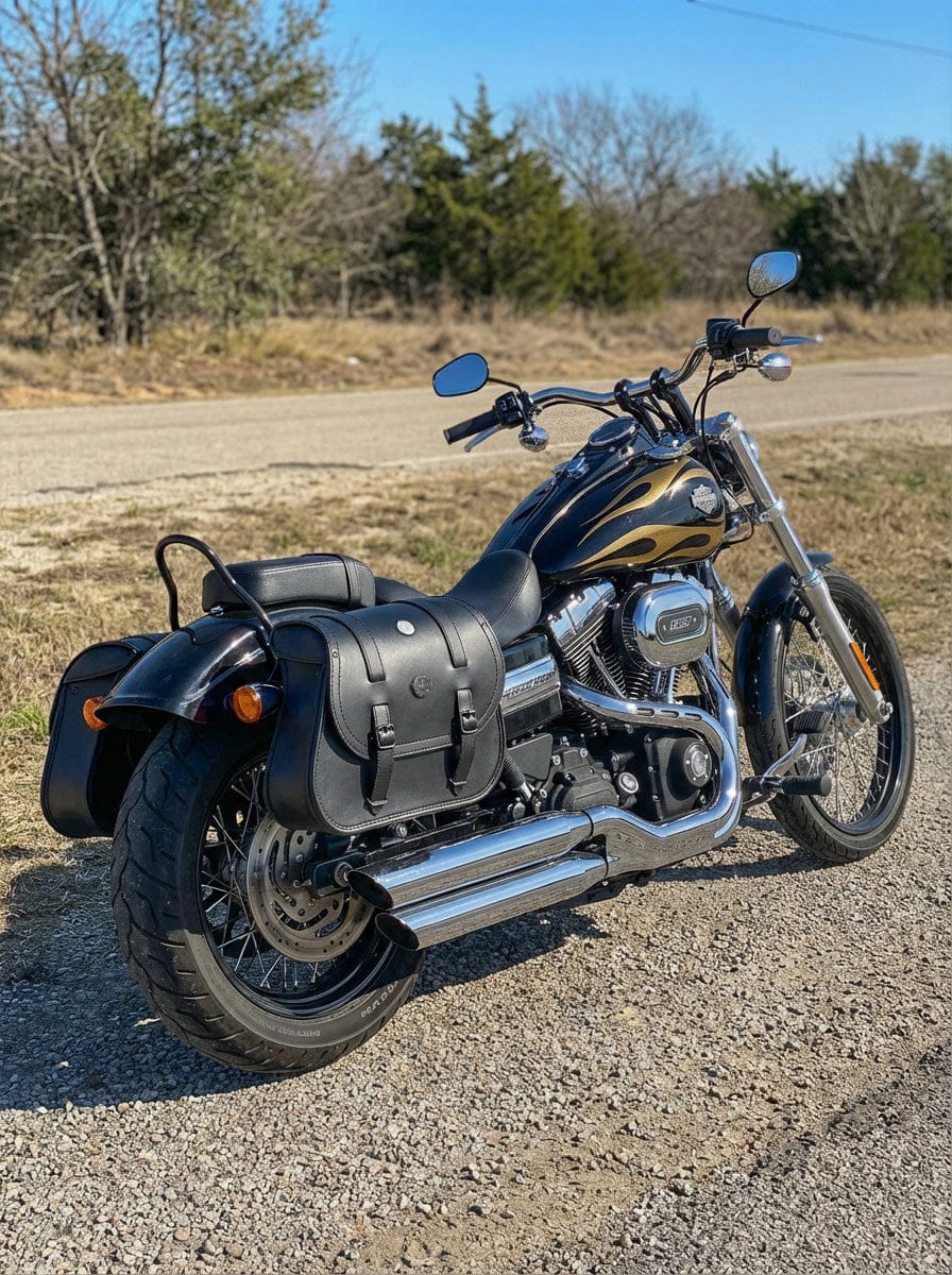 Customer photo review of 30L - Wraith Large Quick-Mount Shock Cutout Leather Saddlebags For Harley Dyna Wide Glide FXDWG/I