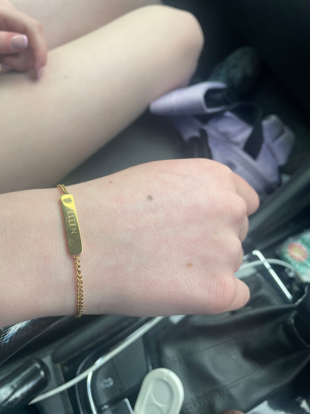 Customer photo review of Personalised Matching Set 3cm Letter Bar & Engraved Bracelet in Gold