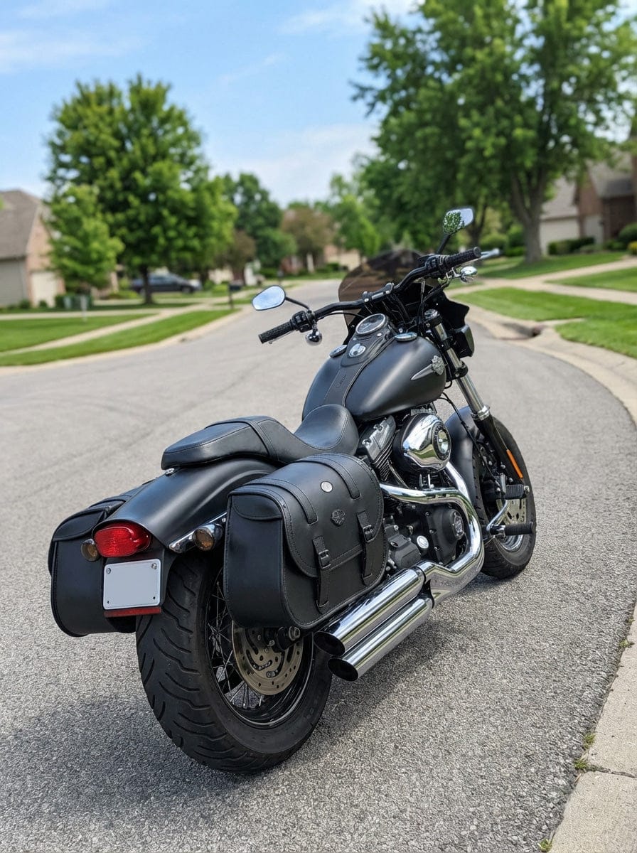 Customer photo review of 30L - Wraith Large Quick-Mount Shock Cutout Leather Saddlebags For Harley Dyna Fat Bob FXDF/SE