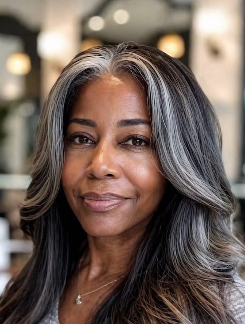 Customer photo review of Luvwin Silver Grey Salt & Pepper Wavy Wig With Signature White Front Streaks