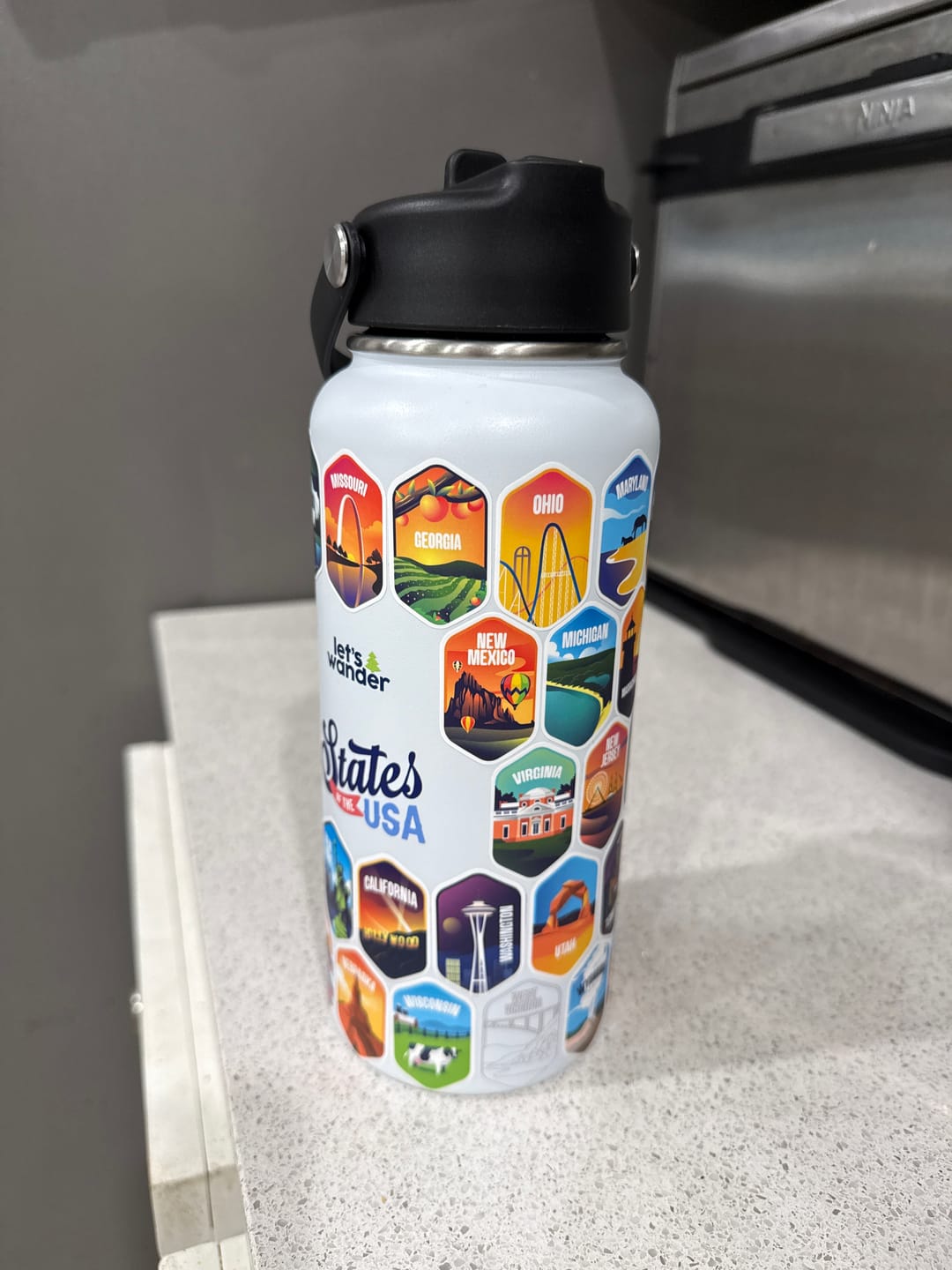 Customer photo review of Lets Wander™ 50 States Of The USA Water Bottle + Stickers