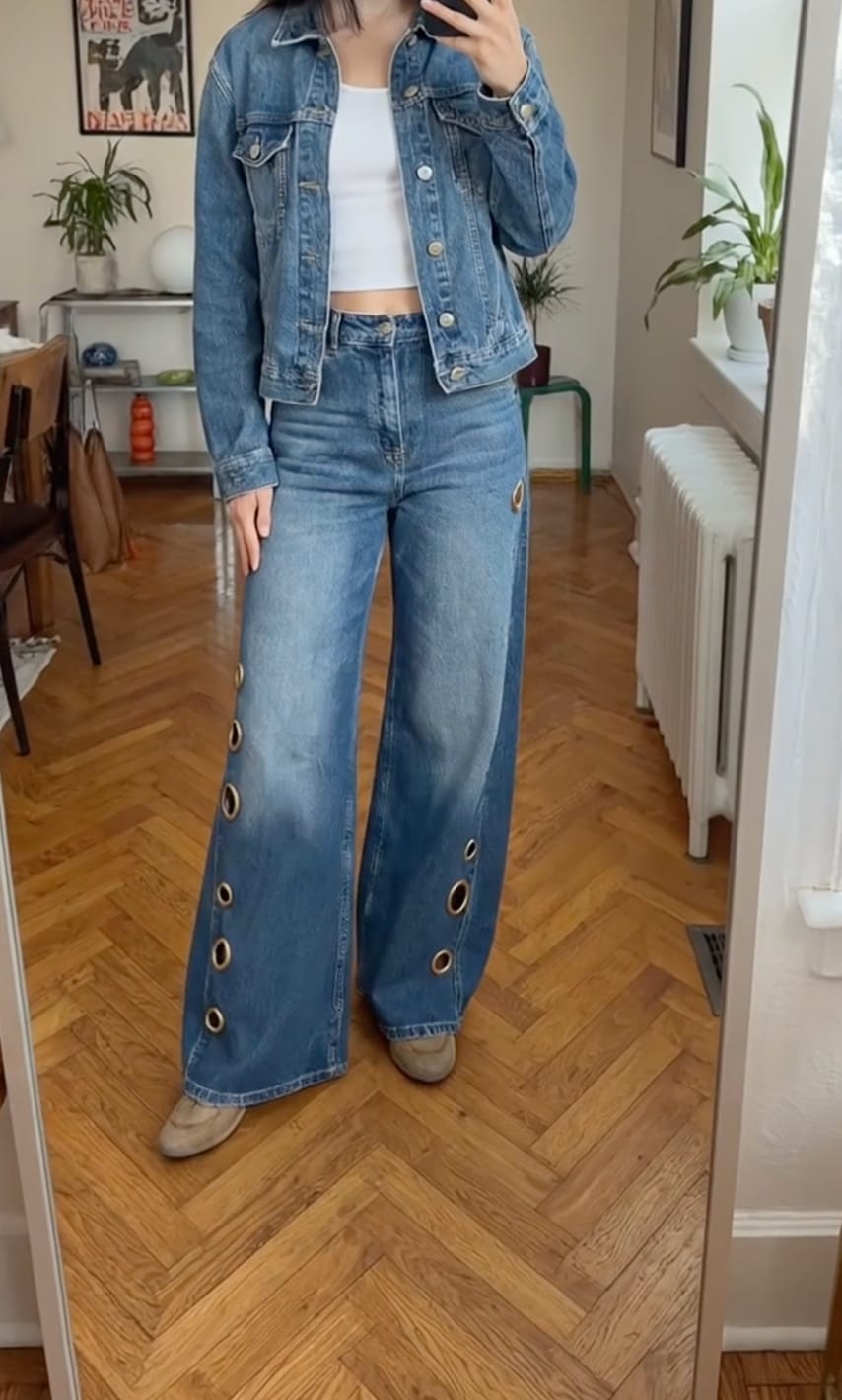 Customer photo review of High Waisted Loose Buttoned Geometric Hollow Pockets Split-Joint Jean Pants Bottoms