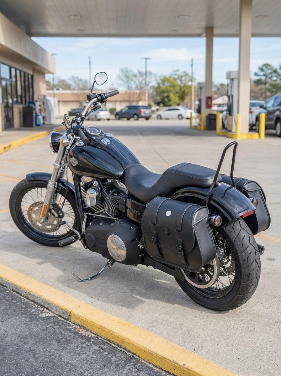 Customer photo review of 30L - Wraith Large Quick-Mount Shock Cutout Leather Saddlebags For Harley Dyna Wide Glide FXDWG/I