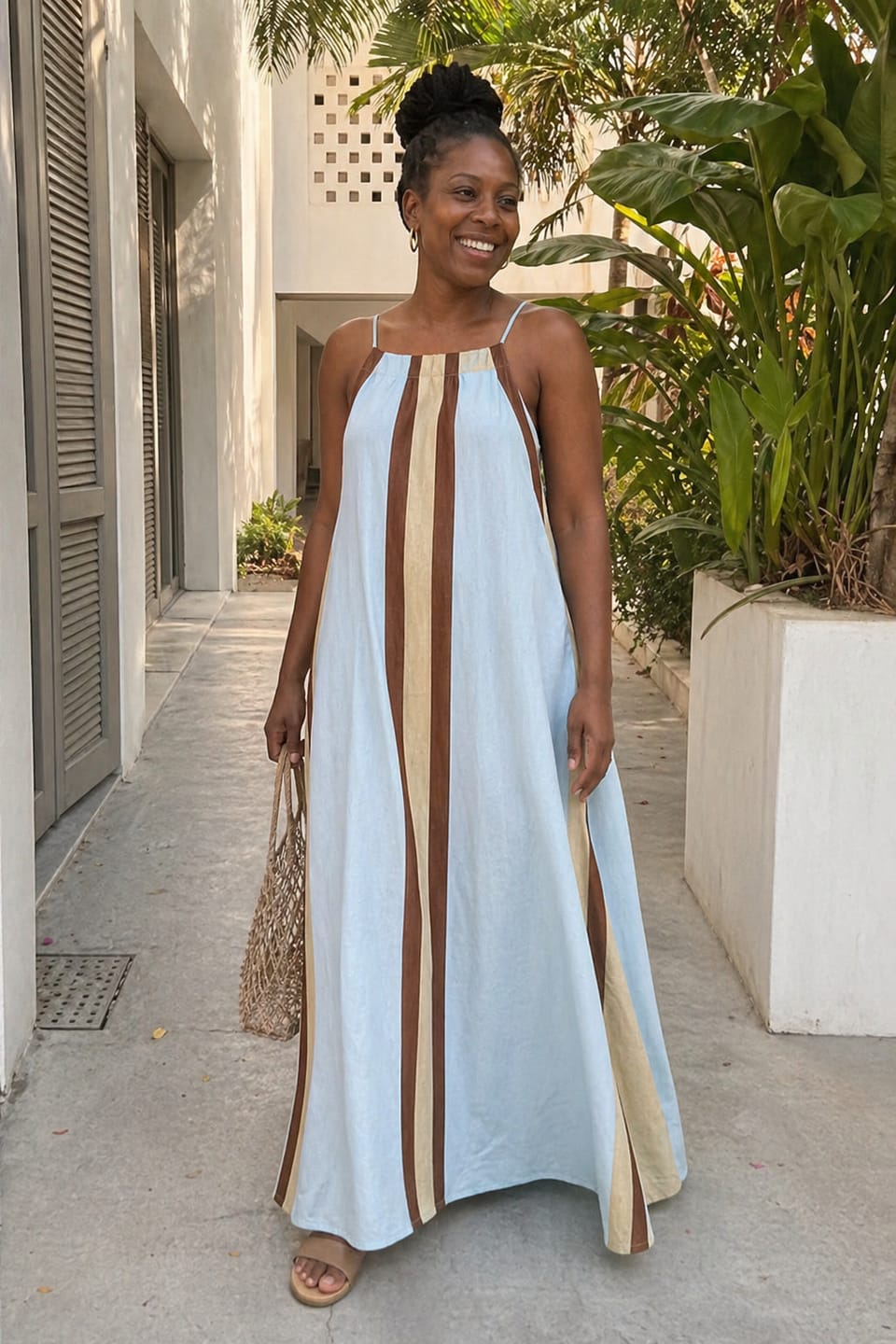 Customer photo review of A-Line Loose Contrast Color Pleated Spaghetti-Neck Maxi Dresses