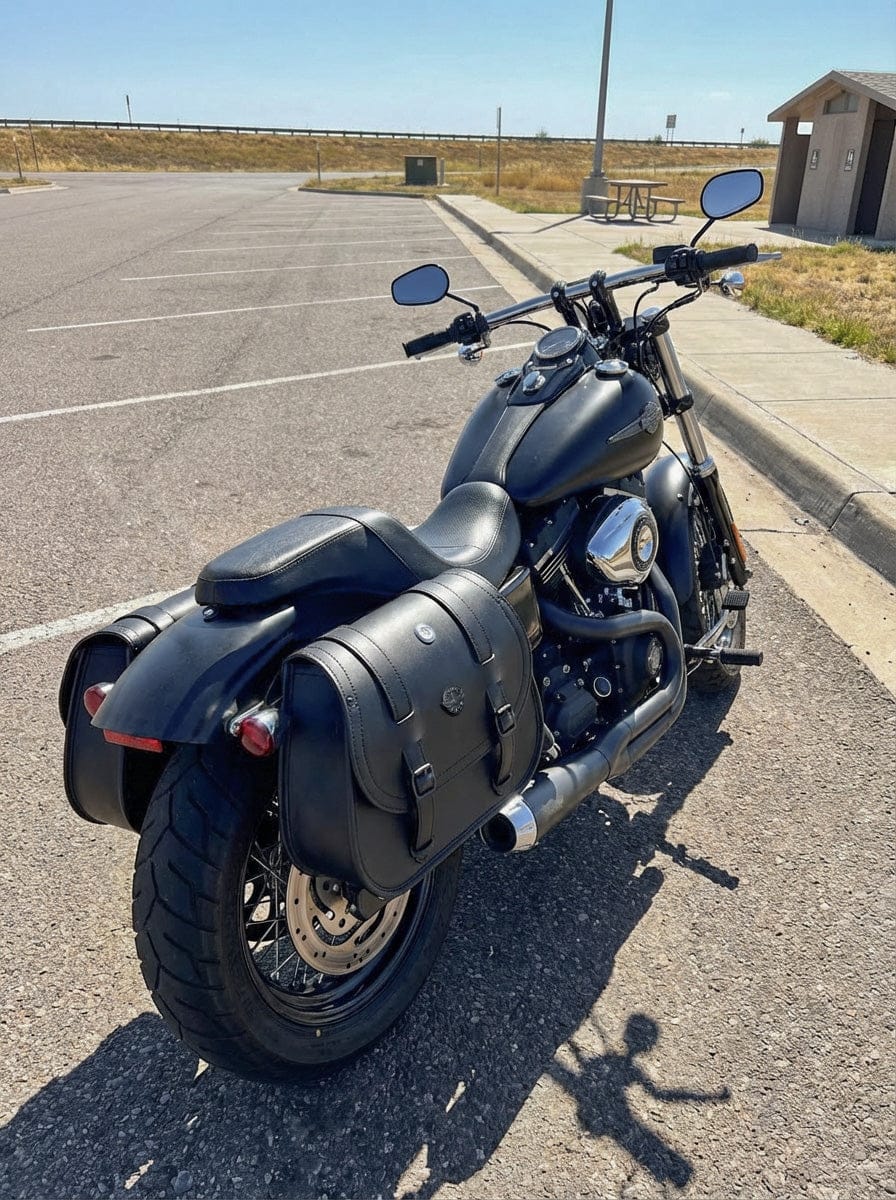 Customer photo review of 30L - Wraith Large Quick-Mount Shock Cutout Leather Saddlebags For Harley Dyna Fat Bob FXDF/SE