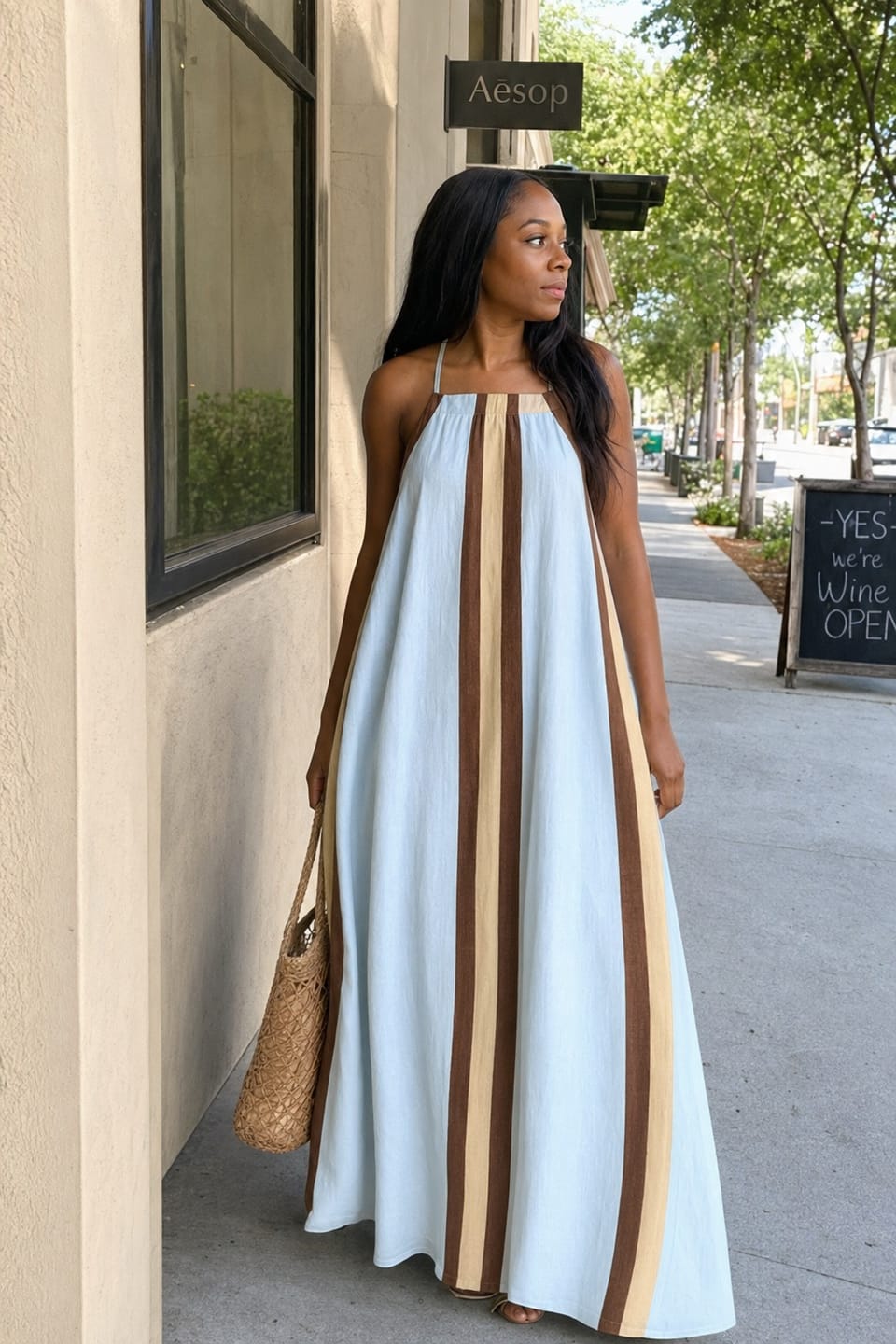 Customer photo review of A-Line Loose Contrast Color Pleated Spaghetti-Neck Maxi Dresses