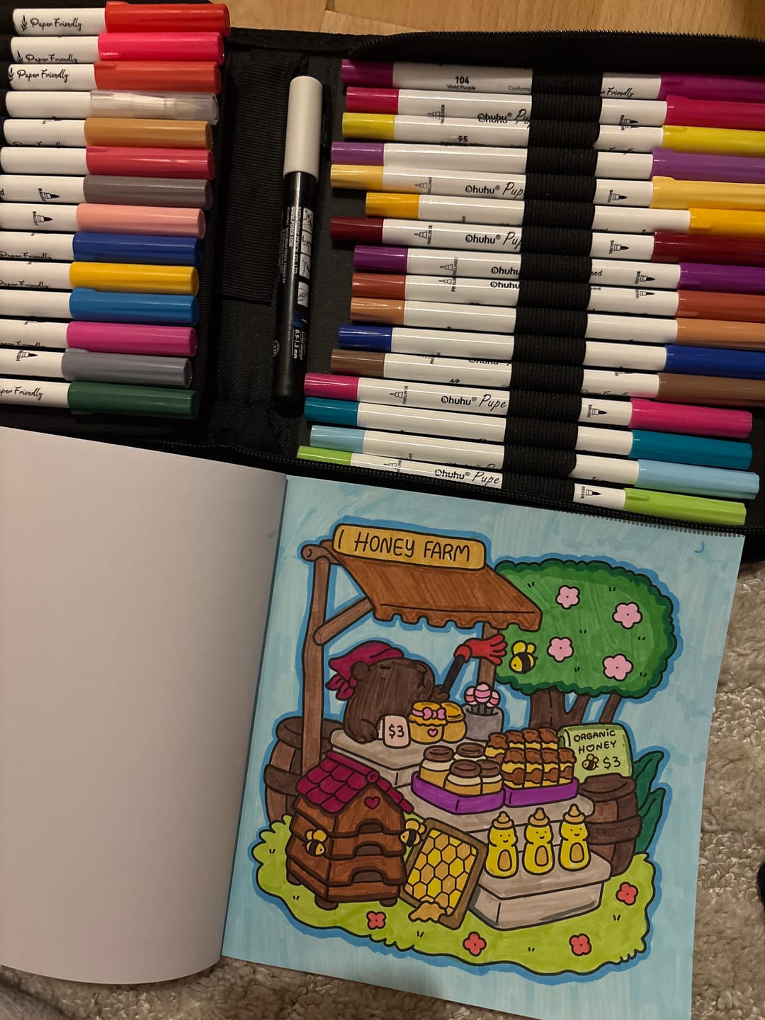 Customer photo review of Ohuhu Pupe Paper-friendly (No Peeling) Brush and Fineliner Dual Tips 60 Colors Water-based Coloring Markers