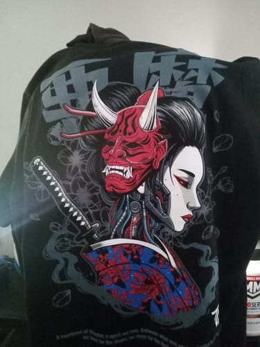 Customer's black DARK GEISHA TEE showing the detailed back graphic of a cybernetic geisha and a red Oni mask.
