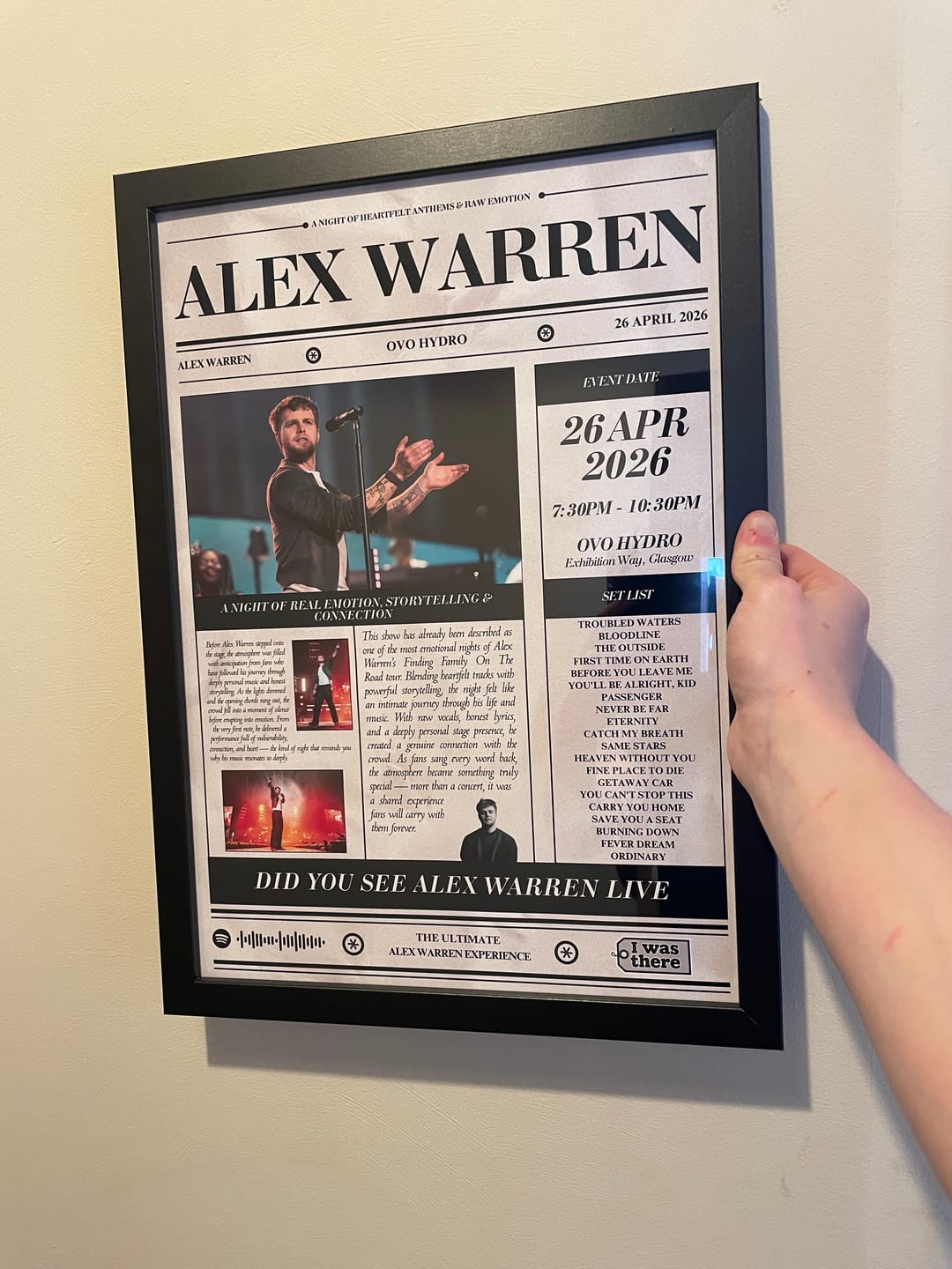 Customer photo review of Alex Warren - Personalised Newspaper Style Concert Poster