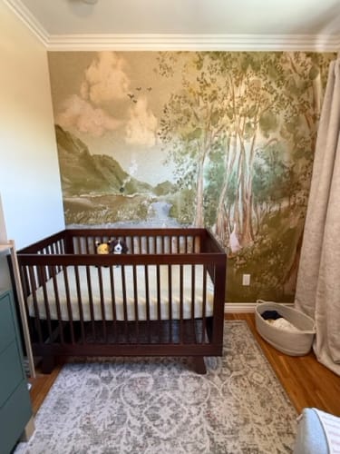 Customer's nursery showing the Nils Wallpaper mural on an accent wall behind a dark wood crib.