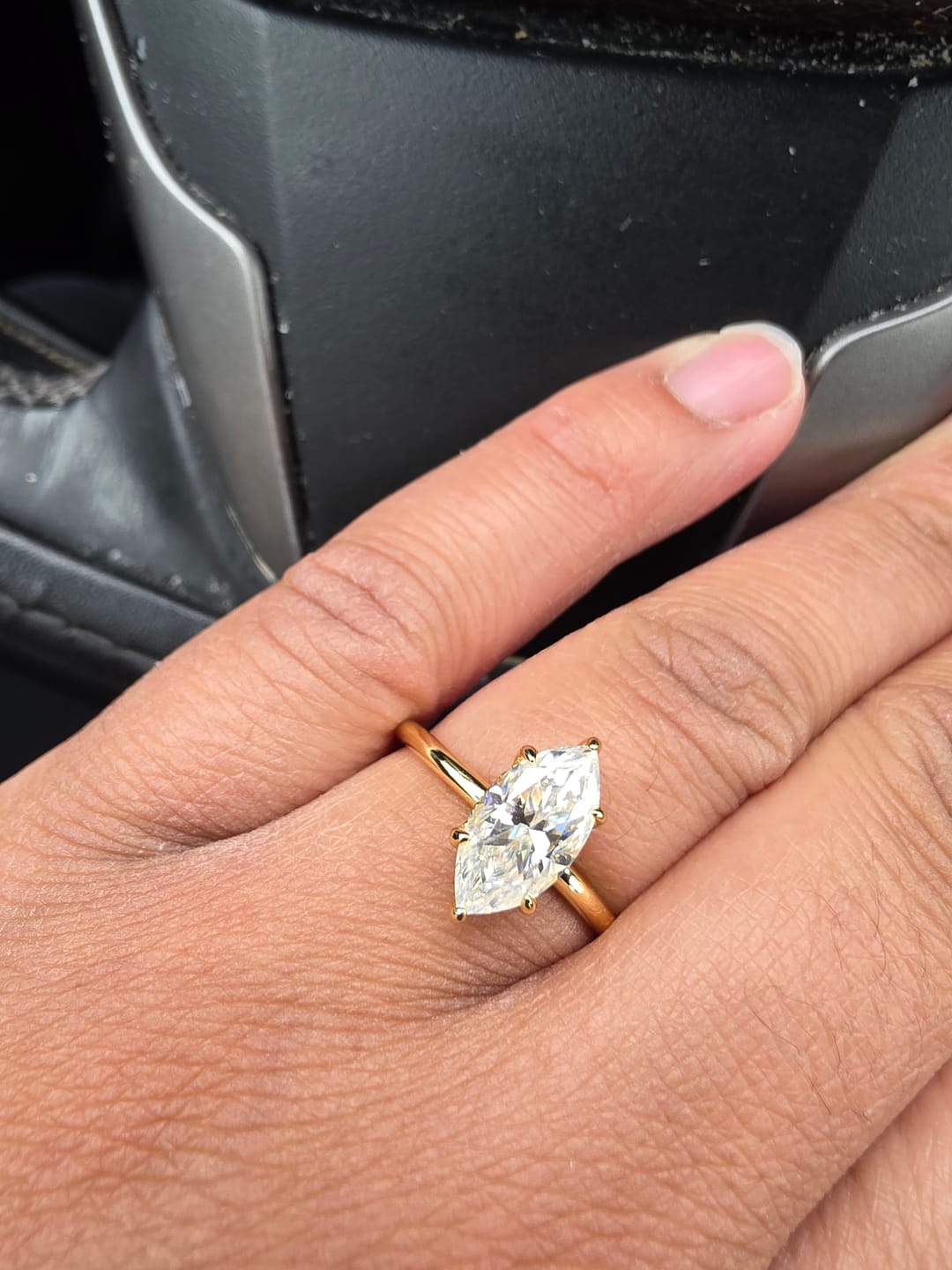 Customer photo review of S925 Moissanite 2.0 Ct/1.0Ct Marquise Cut Solitaire Yellow Gold Promise Ring For Women