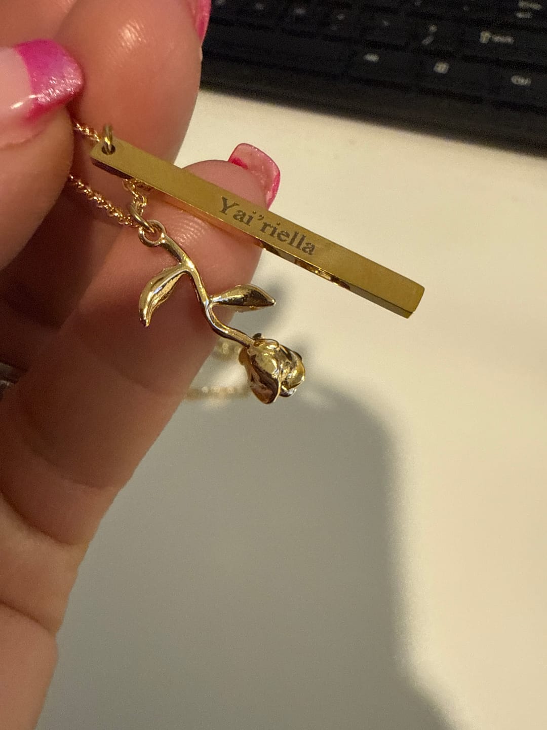 Customer photo review of Engraved Rose Bar Necklace