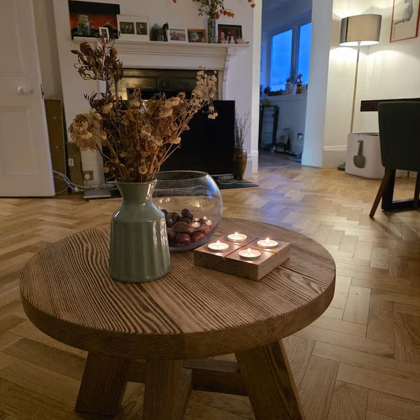 Customer photo review of Amber Round Farmhouse Coffee Table - Solid Pine Wood