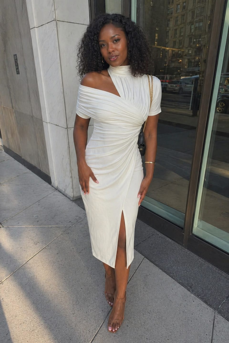Customer photo review of Bodycon Short Sleeves Hollow Pleated Solid Color Split-Front Cold Shoulder Midi Dresses