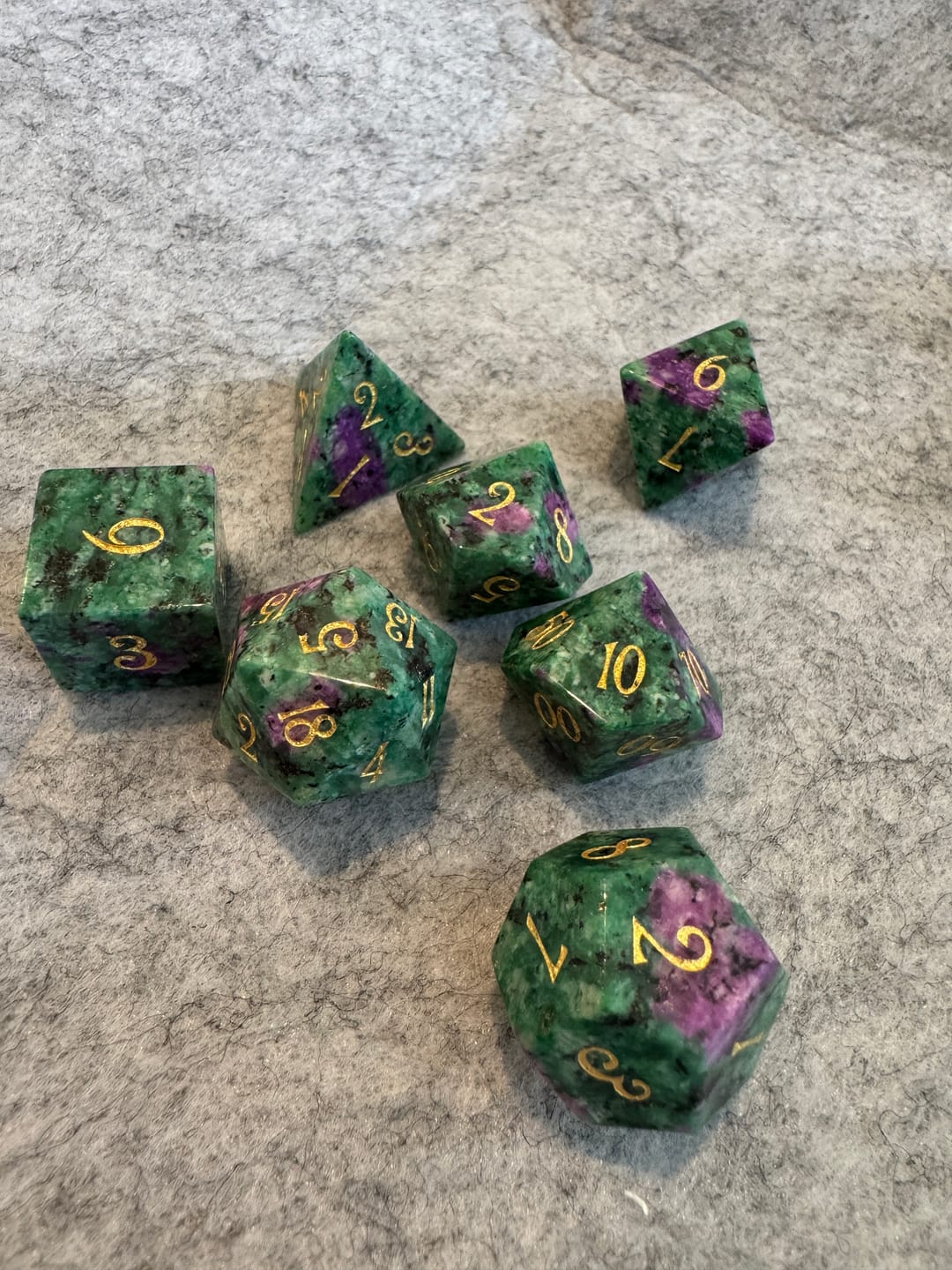 Customer photo review of URWizards D&D Ruby in Zoisite Gemstone Engraved Dice Set