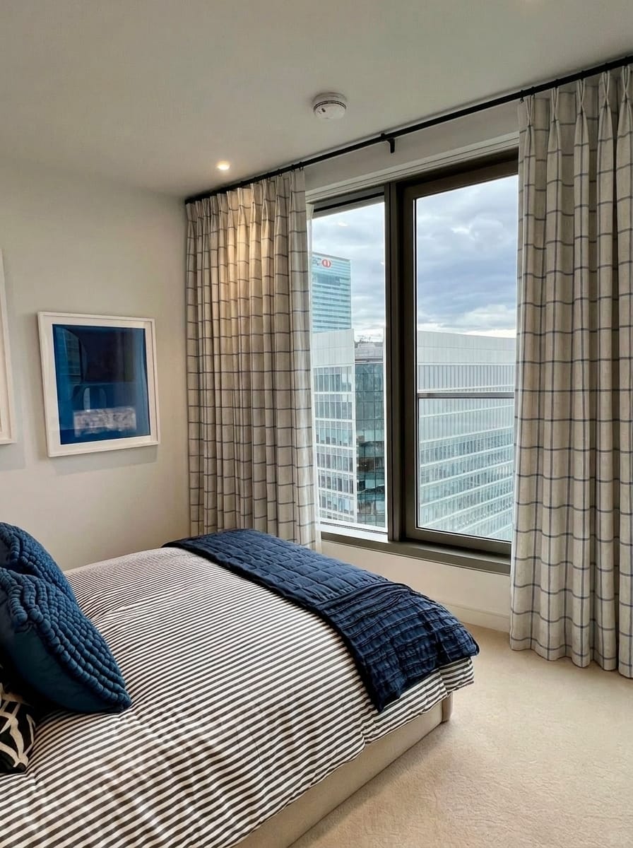 Customer photo review of Brooke Plaid Linen Blend Pinch Pleated Curtains