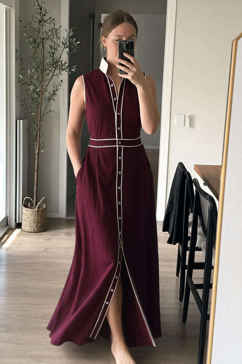 Customer photo review of A-Line High Waisted Buttoned Contrast Color Pockets Split-Joint Lapel Maxi Dresses