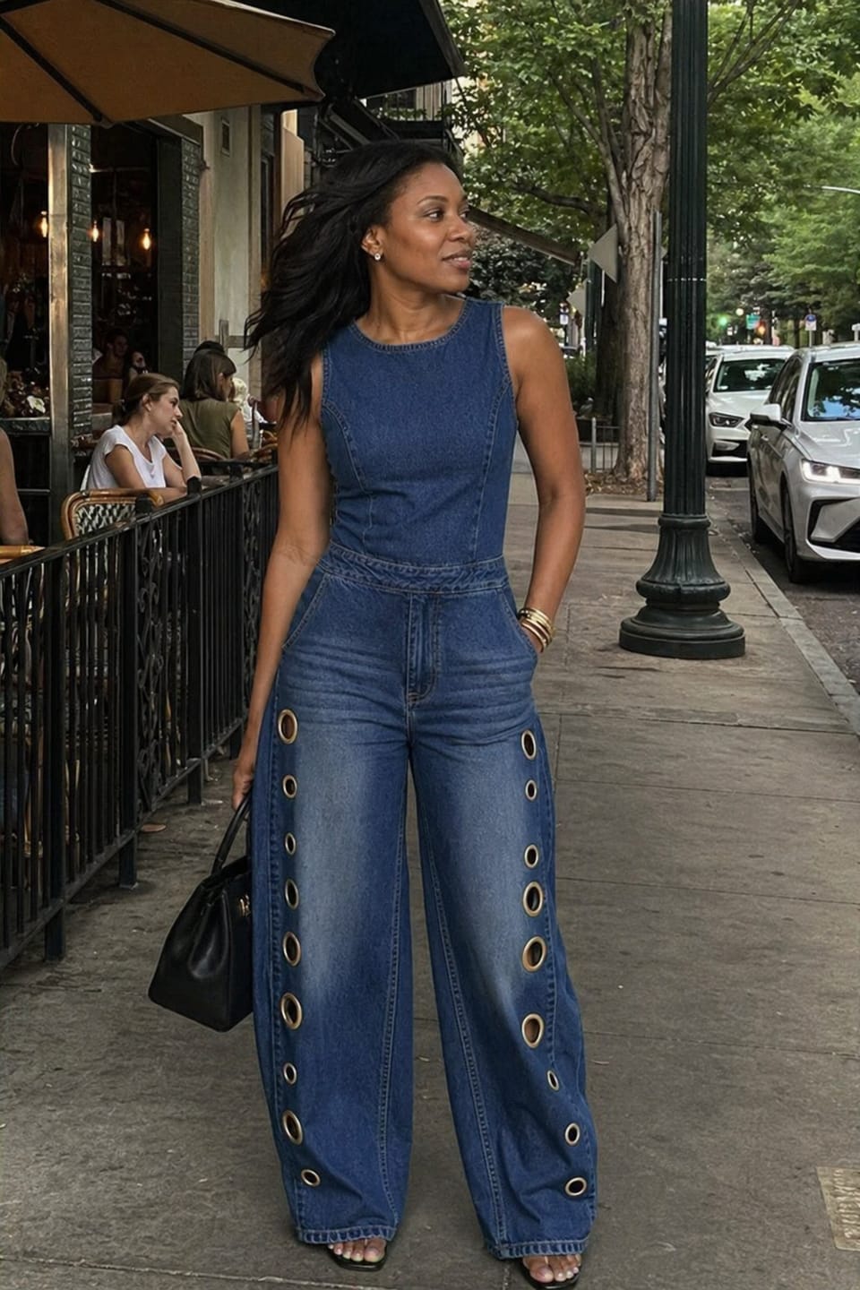 Customer photo review of High Waisted Loose Geometric Hollow Pockets Solid Color Split-Joint Round-Neck Jumpsuits