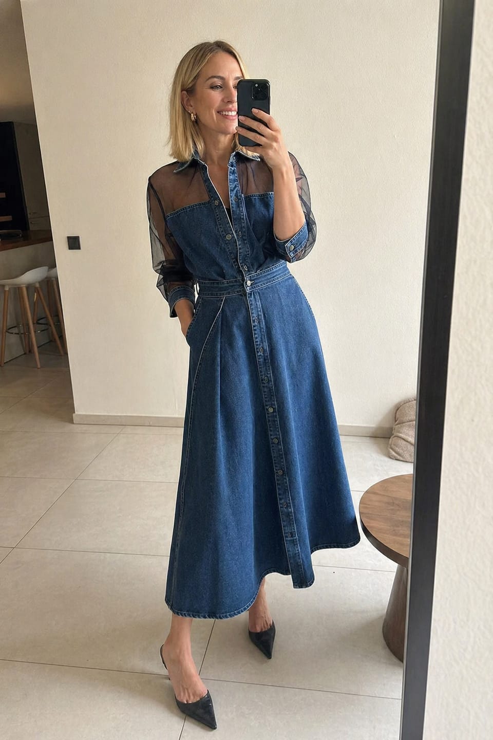 Customer photo review of A-Line High Waisted Buttoned Pockets See-Through Solid Color Split-Joint Lapel Maxi Dresses