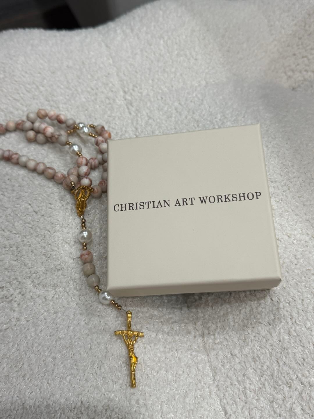 Customer photo review of CHRISTIAN ART WORKSHOP Matte Pink Zebra Jasper and Pearl Rosary with Miraculous Medal and Crucifix