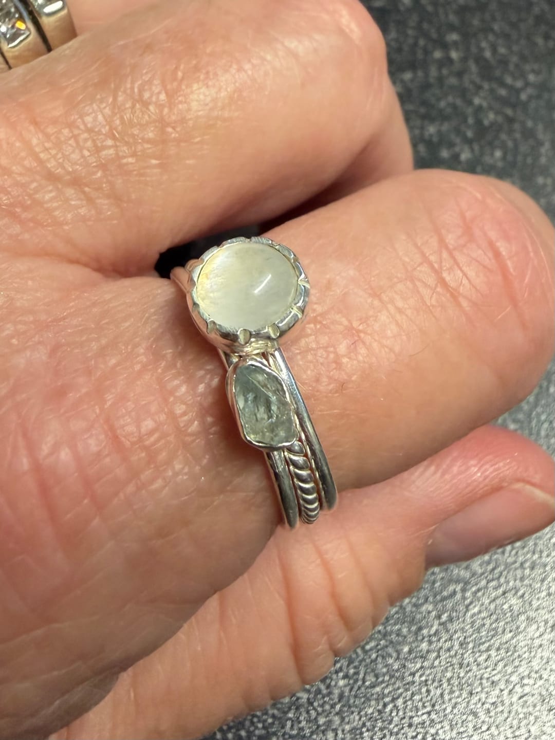 Customer photo review of Moonstone and Aquamarine Ring Stacking Set Sterling Silver