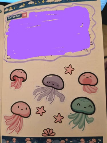 Reviewer's journal page decorated with colorful Dreamy Jellies die cut stickers.