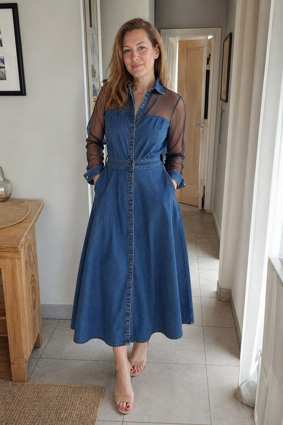 Customer photo review of A-Line High Waisted Buttoned Pockets See-Through Solid Color Split-Joint Lapel Maxi Dresses