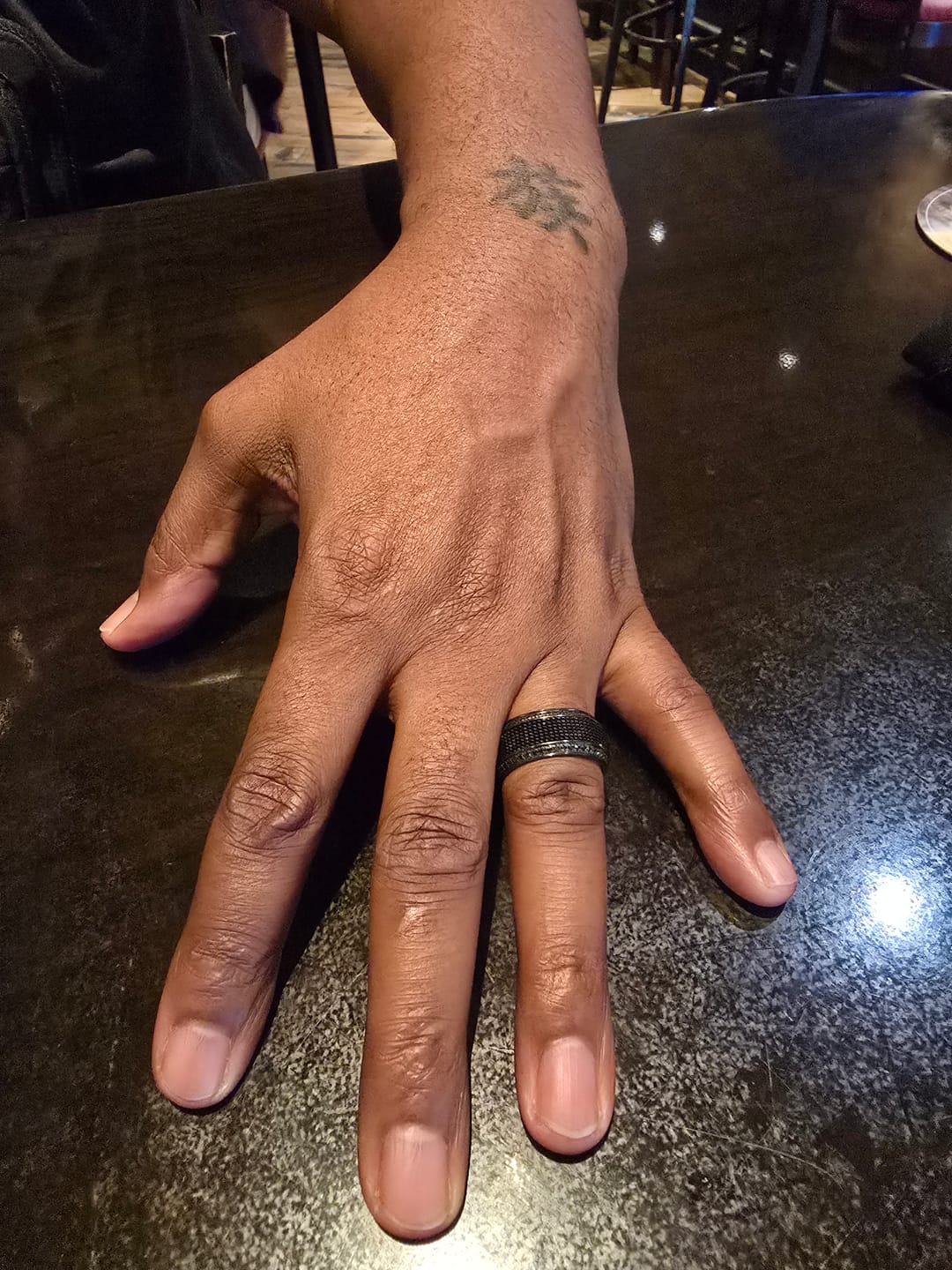 Customer photo review of 10mm KNIGHT Steel Chain Black Titanium Wedding Ring with Round Black Diamonds