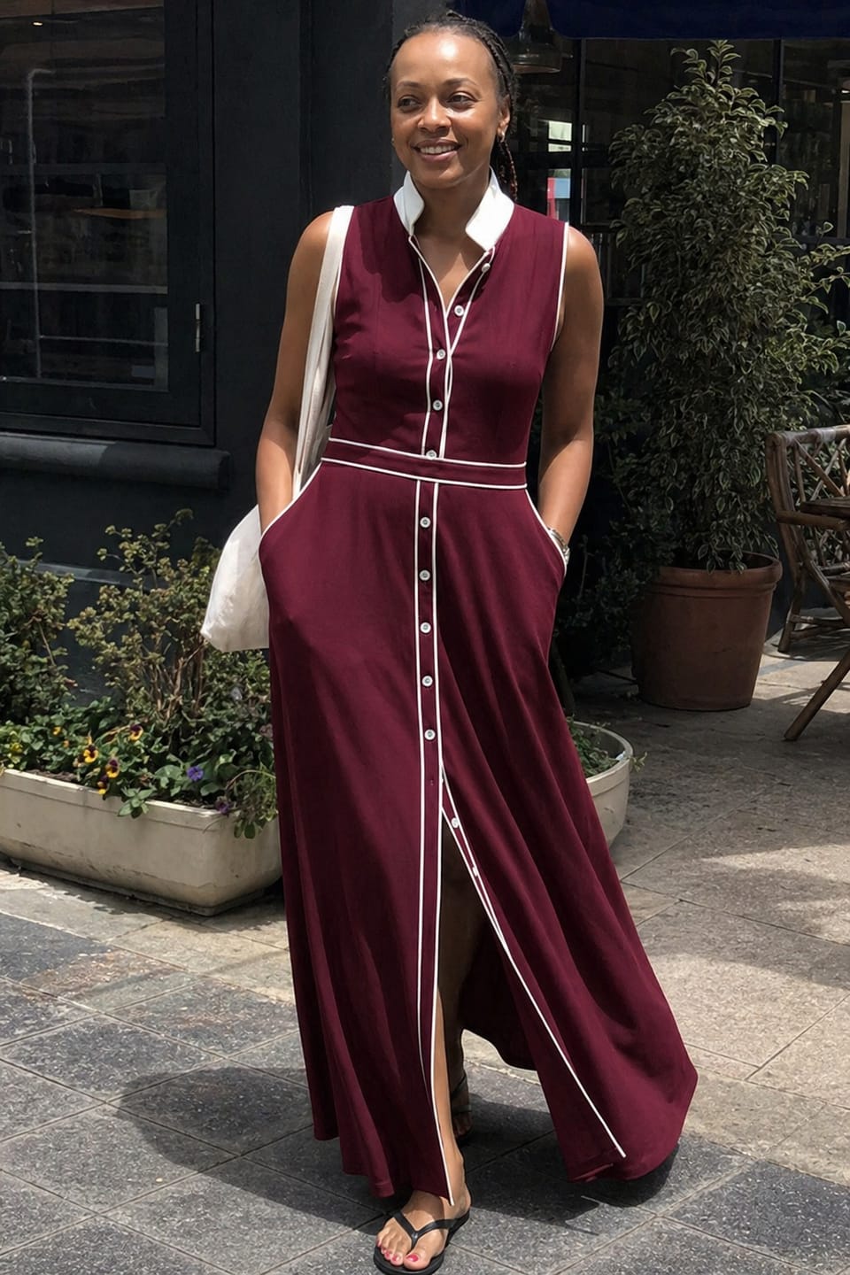 Customer photo review of A-Line High Waisted Buttoned Contrast Color Pockets Split-Joint Lapel Maxi Dresses
