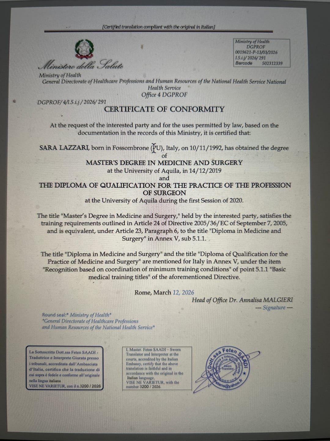 Customer photo review of CERTIFICATI - TRADUZIONE