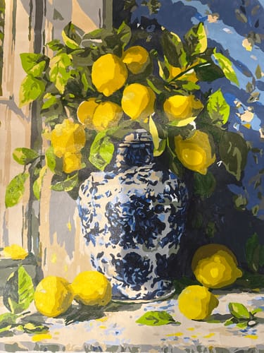 Customer's almost finished Lemon bouquet Paint by Number project showing bright lemons in a patterned vase.