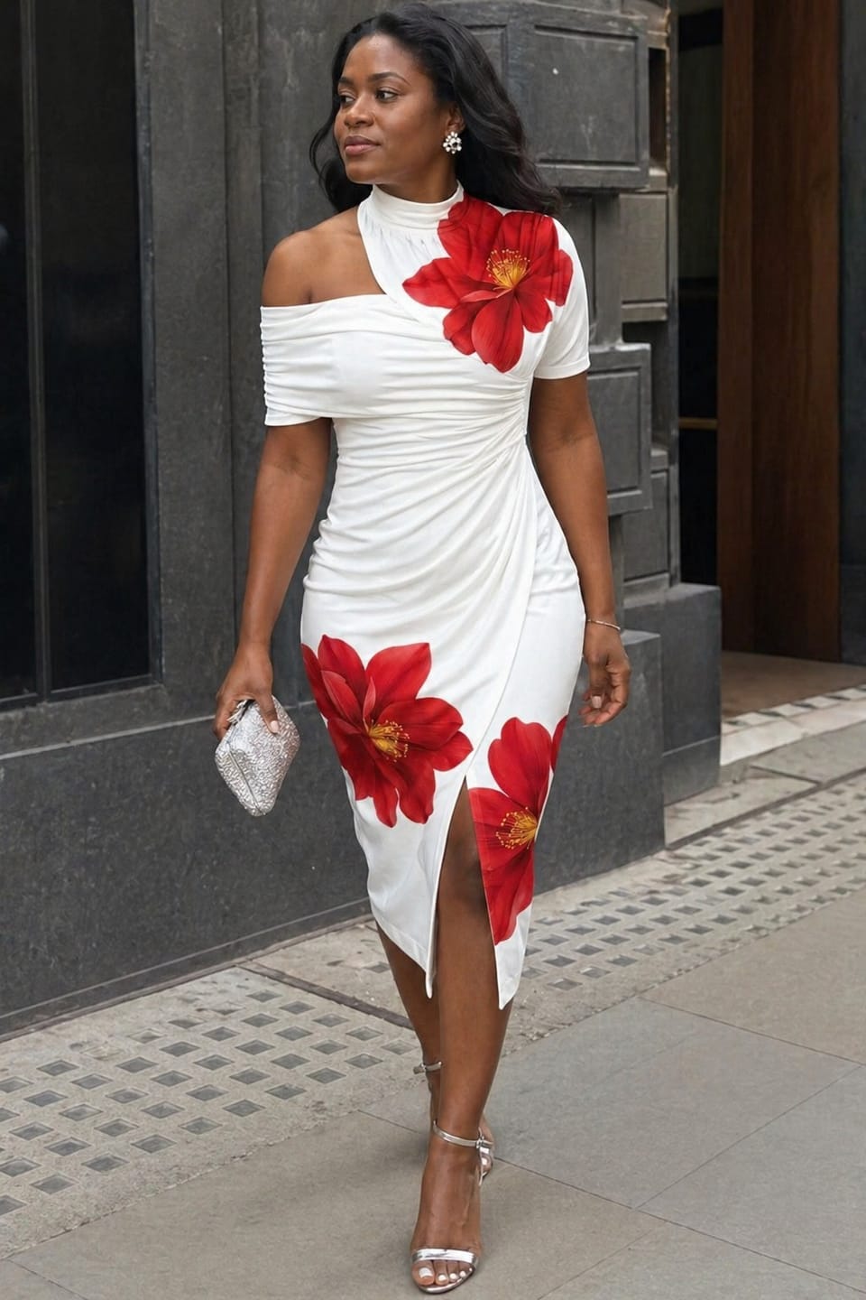 Customer photo review of Bodycon Short Sleeves Flower Print Pleated Split-Front High Neck Midi Dresses