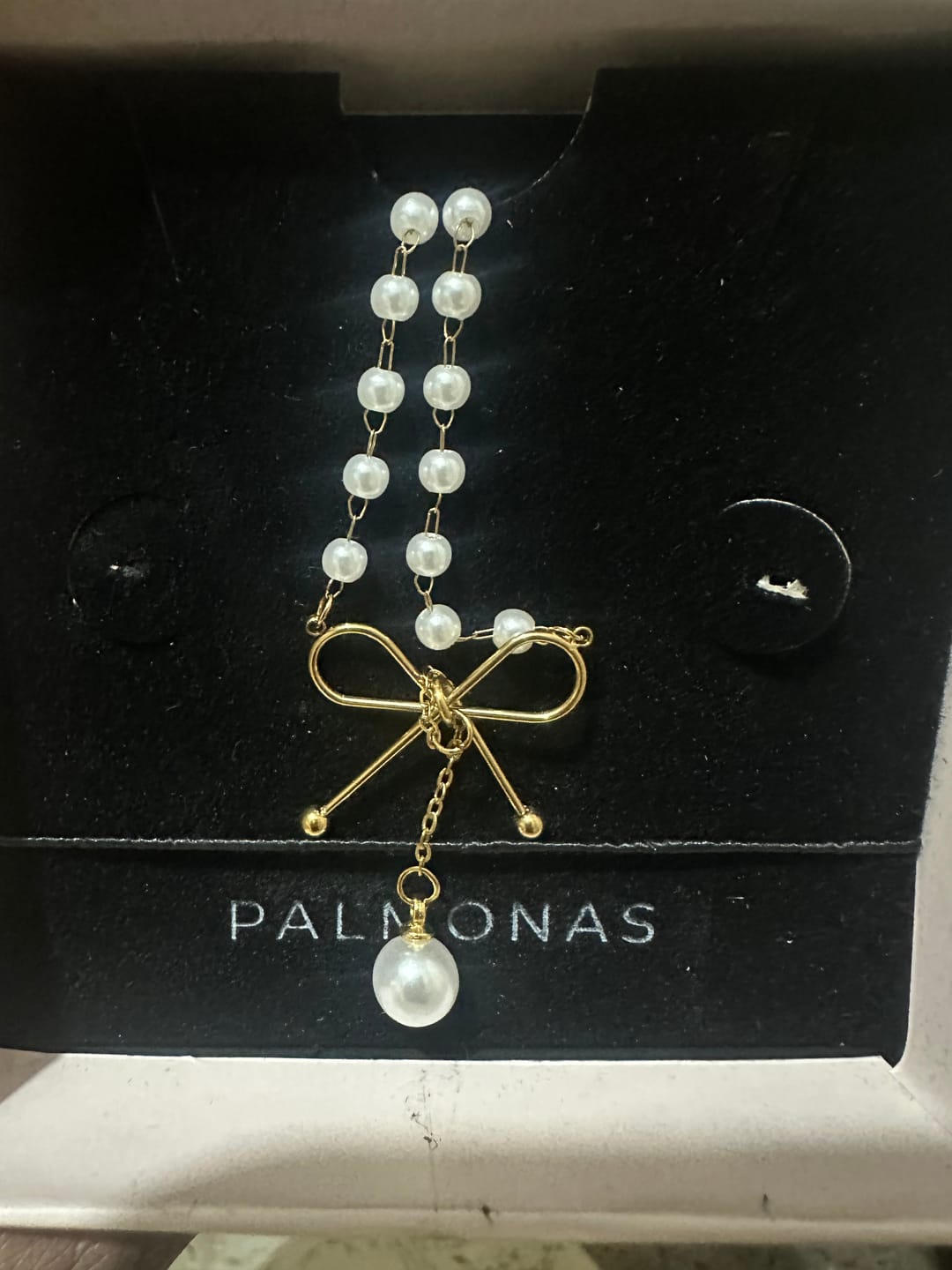 Customer photo review of Pearl Drop Bow Pendant Necklace