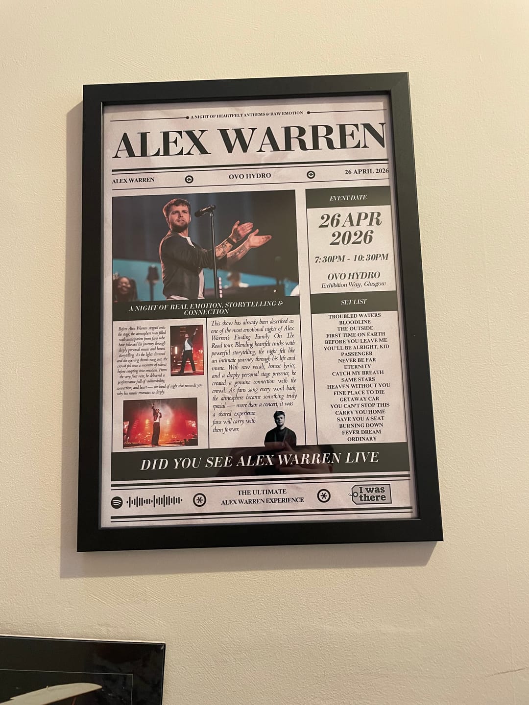 Customer photo review of Alex Warren - Personalised Newspaper Style Concert Poster