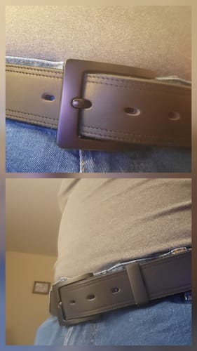 Two views of a customer wearing the rugged Montana Bison Double Layer belt with jeans.