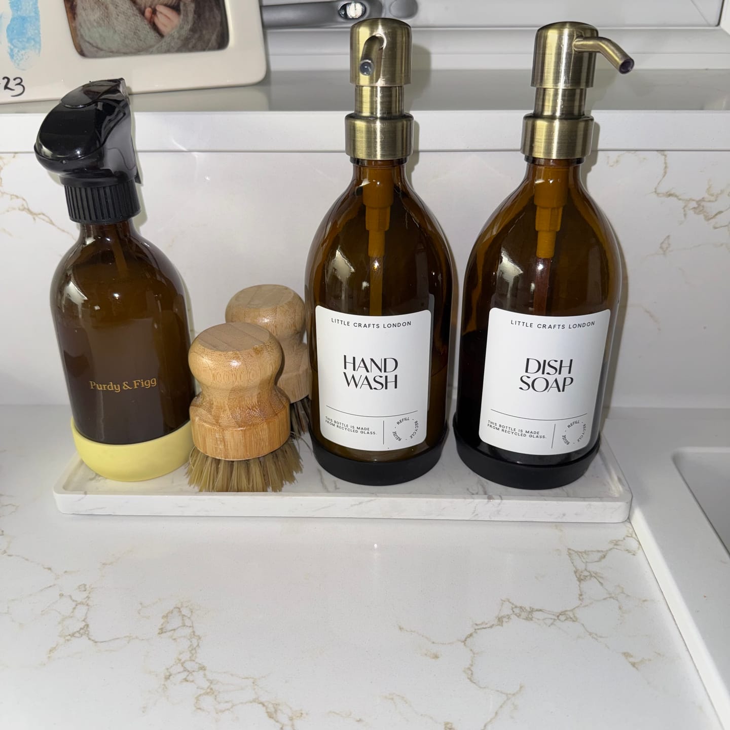 Customer photo review of Set of 2 Amber Glass Bottles 500 ML Long tray & Dish Brush