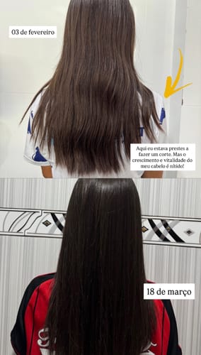 Avaliadora mostrando o antes e depois do cabelo após usar Happy Hair, destacando o crescimento e a vitalidade.