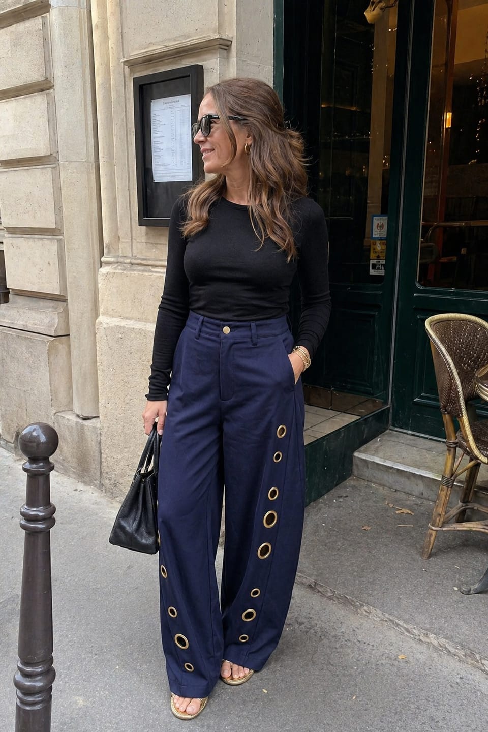 Customer photo review of High Waisted Wide Leg Buttoned Hollow Pockets Solid Color Split-Joint Pants Trousers