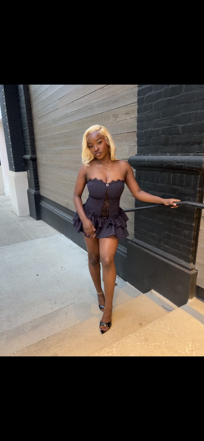 Customer photo review of Cecily Pin Stripe Tube Lace Mini Dress