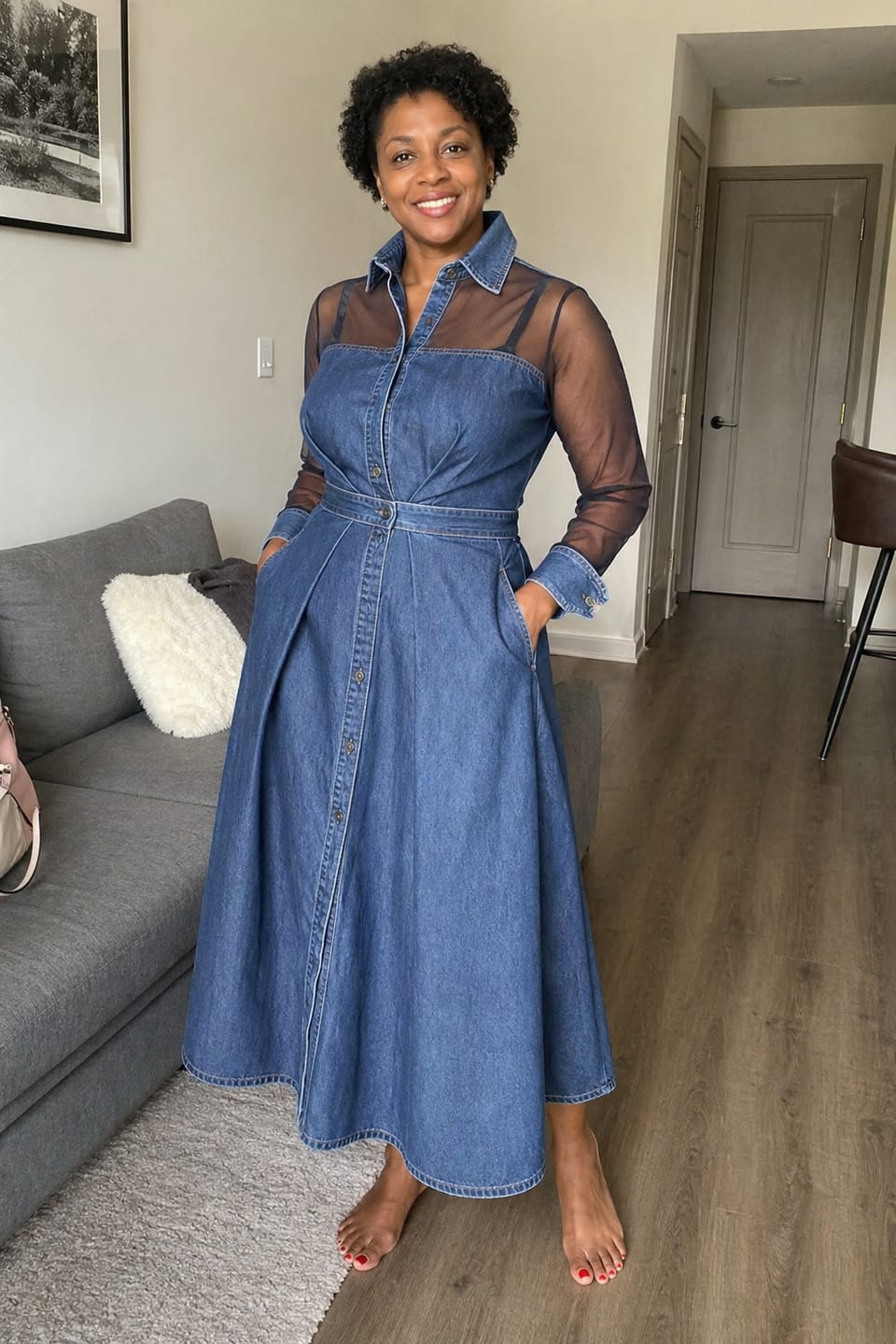 Customer photo review of A-Line High Waisted Buttoned Pockets See-Through Solid Color Split-Joint Lapel Maxi Dresses
