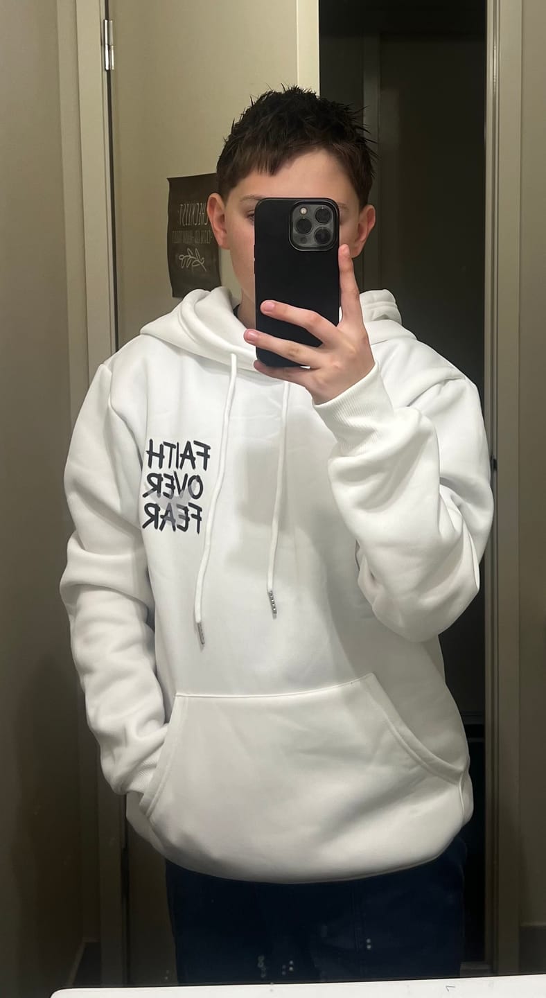 Customer photo review of Christianartworkshop Faith Over Fear 2 Timothy 1:7 Fleece Lined Polyester Hoodie