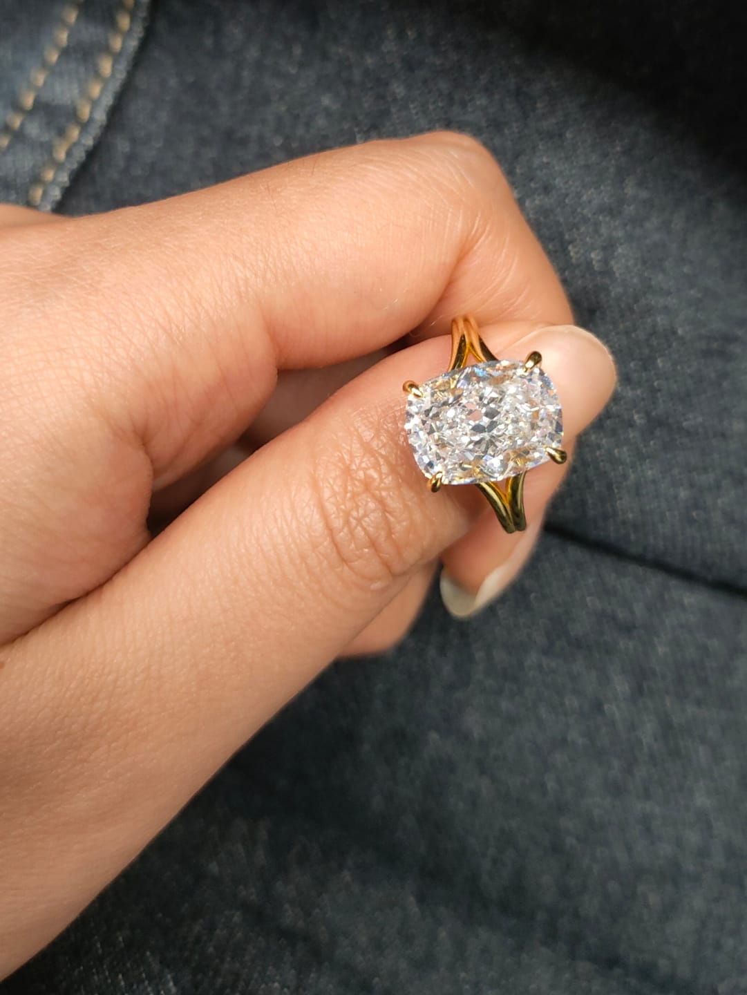 Customer photo review of S925 5.5Ct Cushion Cut Split Shank Engagement Ring Gold Plated Hidden Halo Bridal Ring For Everyday Wear