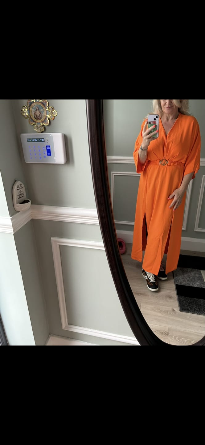 Customer photo review of Avery Orange Front Slit Dress