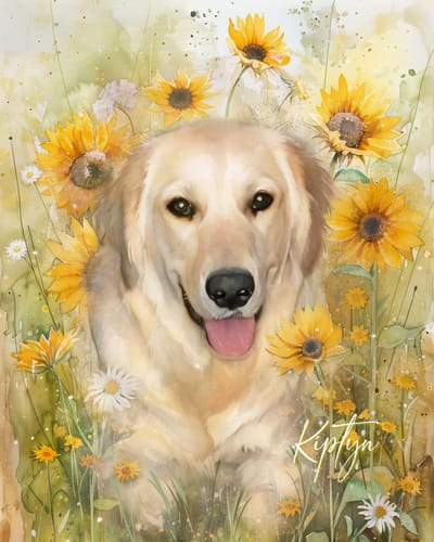 Customer's Custom Portrait Wall Art showing a lifelike watercolor painting of a golden retriever among bright sunflowers.
